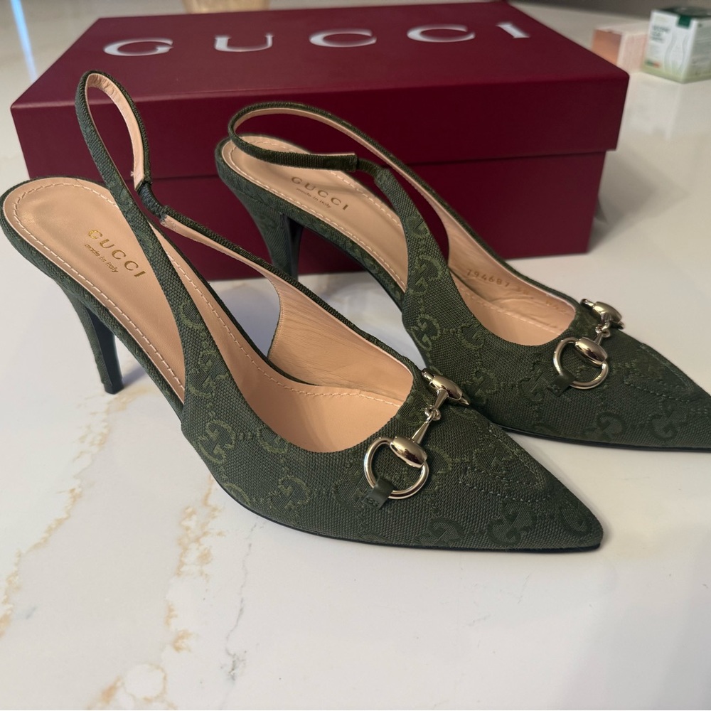 GUCCI SLINGBACK PUMP HORSEBIT GREEN CANVAS 38 - Picture 13 of 15